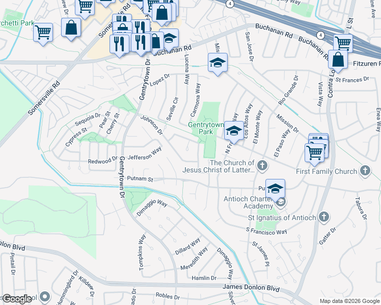 map of restaurants, bars, coffee shops, grocery stores, and more near 2817 Ford Court in Antioch