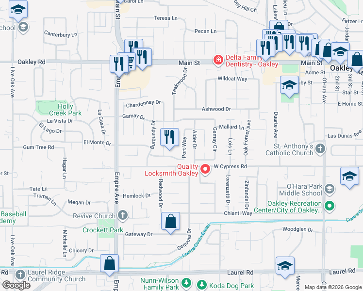 map of restaurants, bars, coffee shops, grocery stores, and more near 1610 Port Way in Oakley