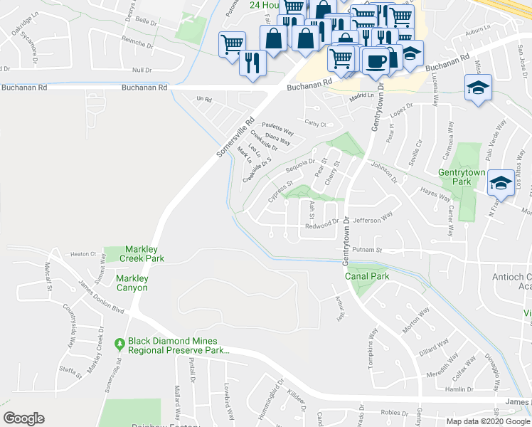 map of restaurants, bars, coffee shops, grocery stores, and more near 2445 Cypress Street in Antioch