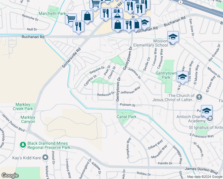 map of restaurants, bars, coffee shops, grocery stores, and more near 3122 Pine Street in Antioch