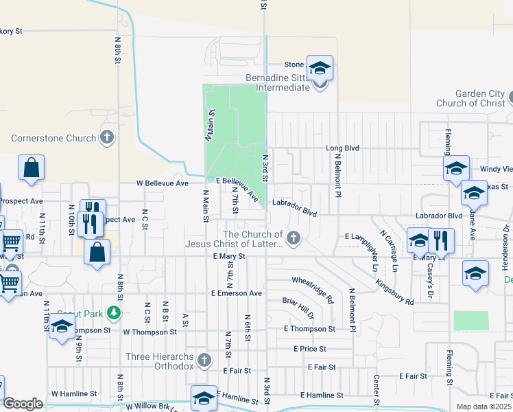 map of restaurants, bars, coffee shops, grocery stores, and more near 222 East Bellevue Avenue in Garden City