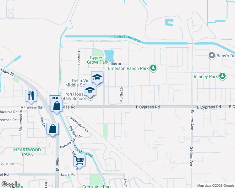 map of restaurants, bars, coffee shops, grocery stores, and more near 50 Snowy Egret Ct in Oakley