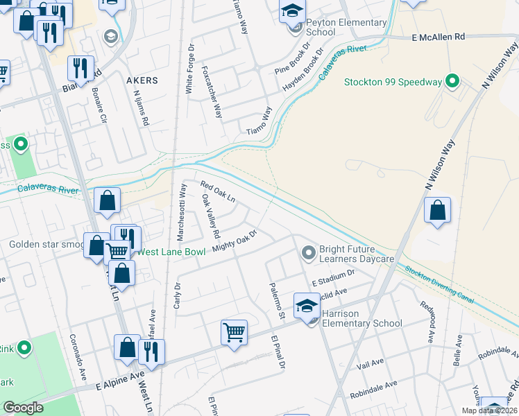 map of restaurants, bars, coffee shops, grocery stores, and more near 3818 Red Oak Lane in Stockton