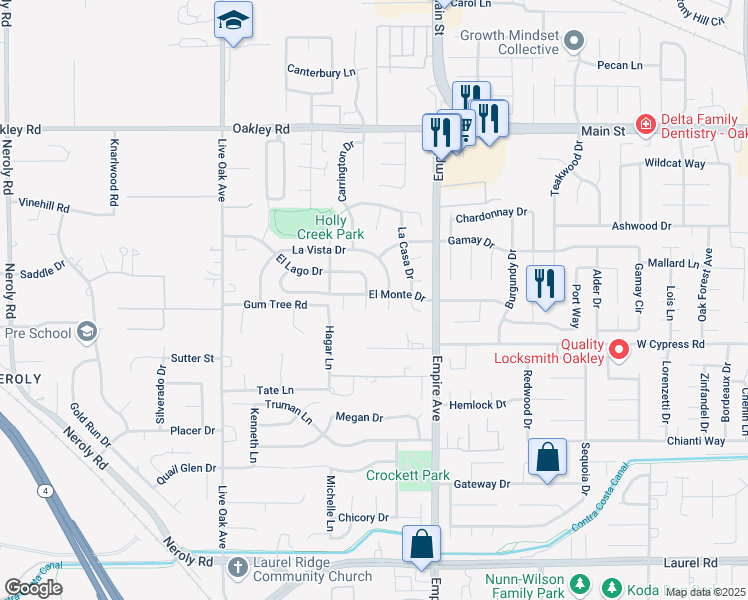 map of restaurants, bars, coffee shops, grocery stores, and more near 4560 El Lago Court in Oakley