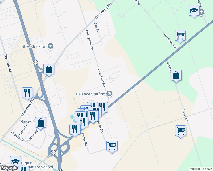 map of restaurants, bars, coffee shops, grocery stores, and more near 3124 Cherryland Avenue in Stockton