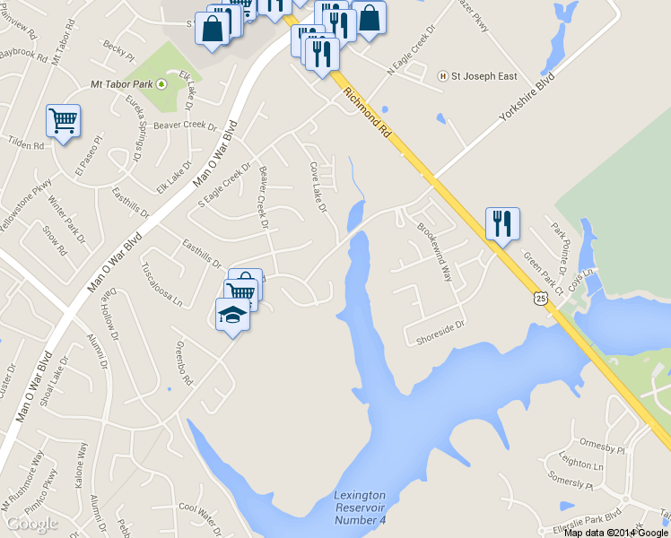 map of restaurants, bars, coffee shops, grocery stores, and more near 325 Lakebend Court in Lexington