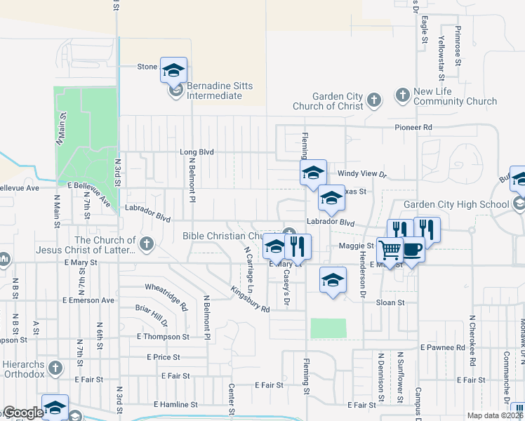 map of restaurants, bars, coffee shops, grocery stores, and more near 2704 Easy Street in Garden City