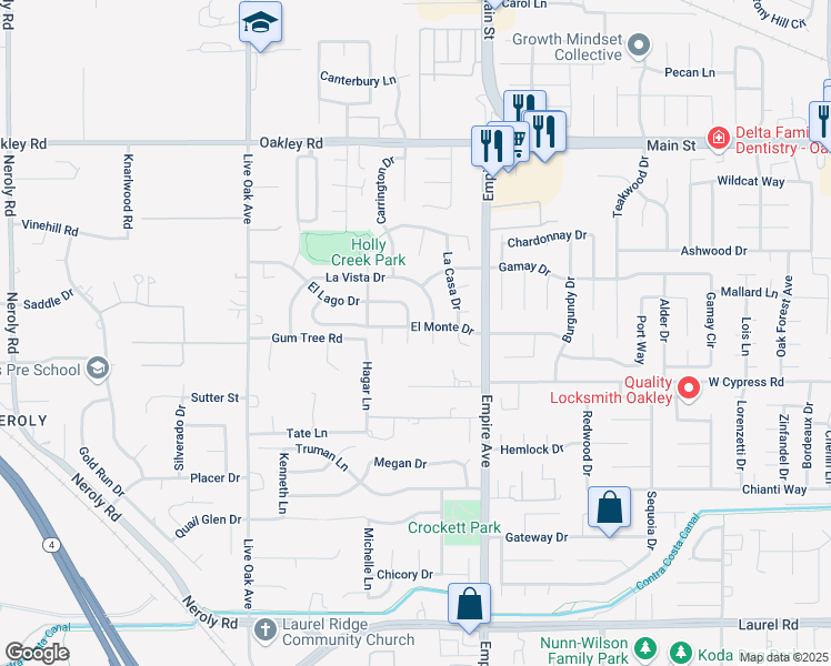 map of restaurants, bars, coffee shops, grocery stores, and more near 4560 El Lago Court in Oakley