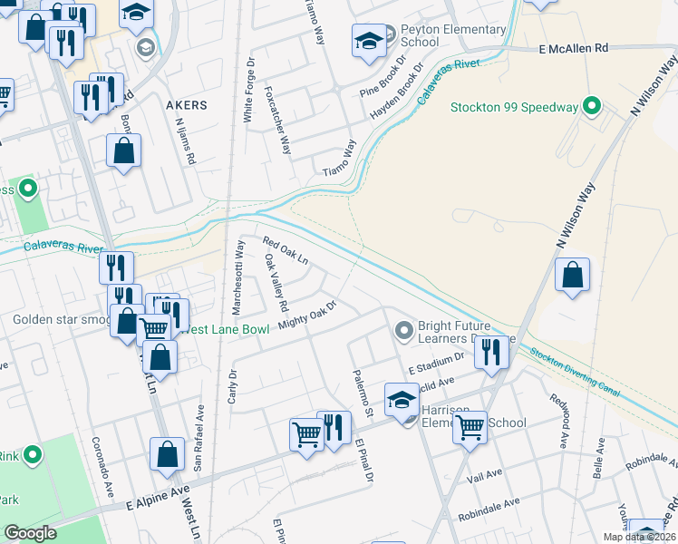 map of restaurants, bars, coffee shops, grocery stores, and more near 3818 Red Oak Lane in Stockton