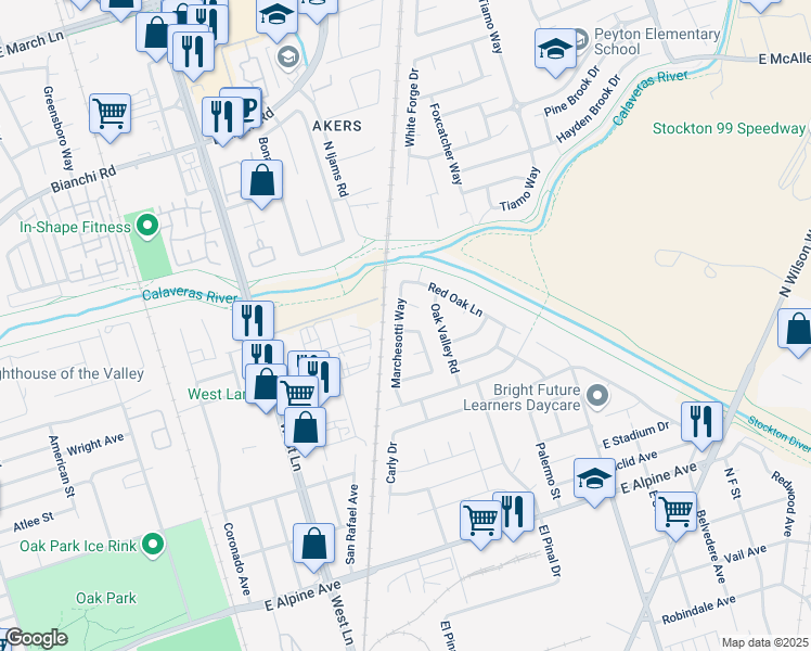 map of restaurants, bars, coffee shops, grocery stores, and more near 4108 Marchesotti Way in Stockton