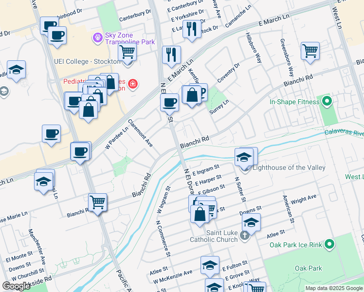 map of restaurants, bars, coffee shops, grocery stores, and more near 22 East Bianchi Road in Stockton