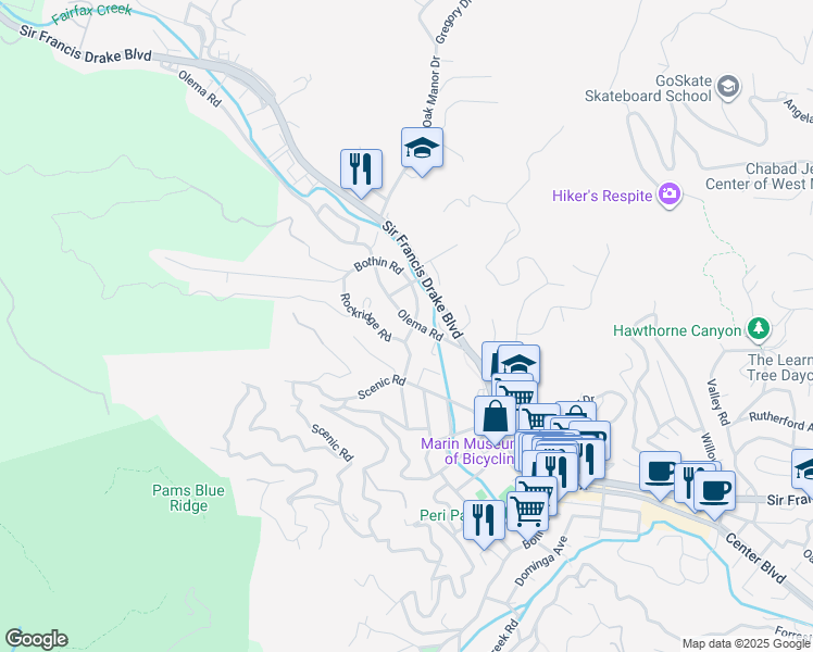 map of restaurants, bars, coffee shops, grocery stores, and more near 103 Olema Road in Fairfax