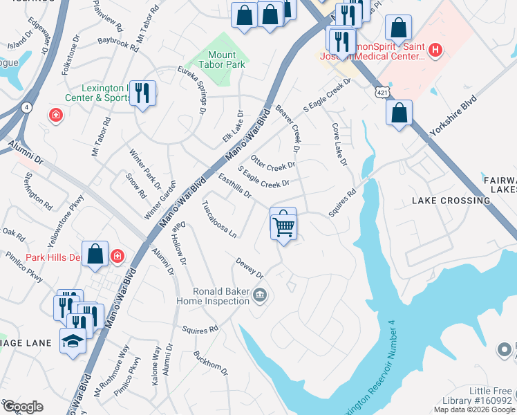 map of restaurants, bars, coffee shops, grocery stores, and more near 2956 Easthills Dr in Lexington