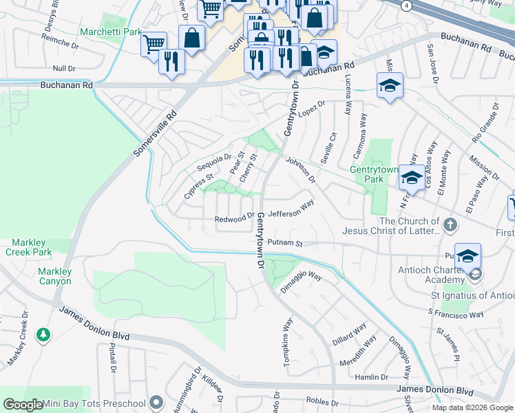 map of restaurants, bars, coffee shops, grocery stores, and more near 3121 Pine Street in Antioch