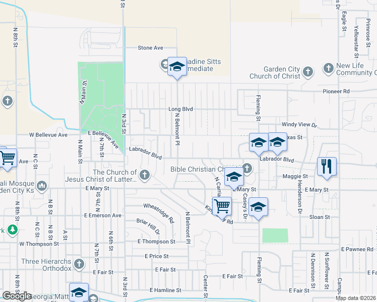 map of restaurants, bars, coffee shops, grocery stores, and more near 2703 N Rock Rd in Garden City