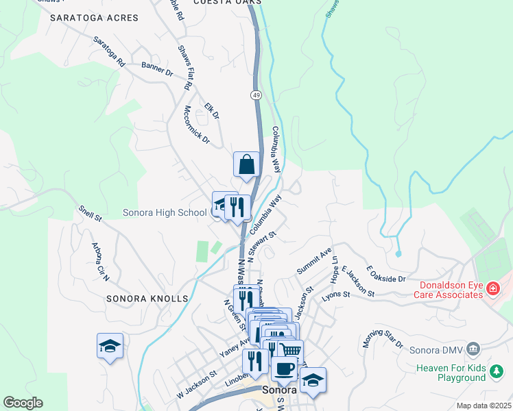 map of restaurants, bars, coffee shops, grocery stores, and more near 475 Golden Chain Highway in Sonora