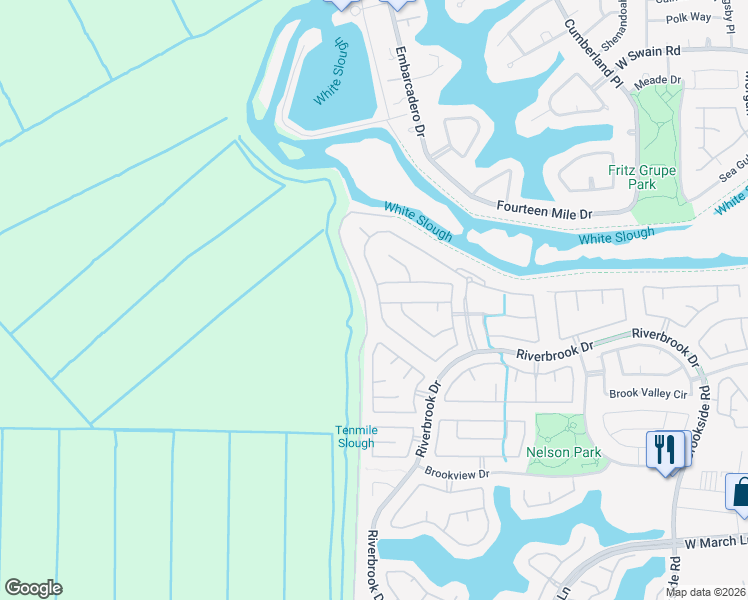 map of restaurants, bars, coffee shops, grocery stores, and more near 5987 Riverbank Circle in Stockton
