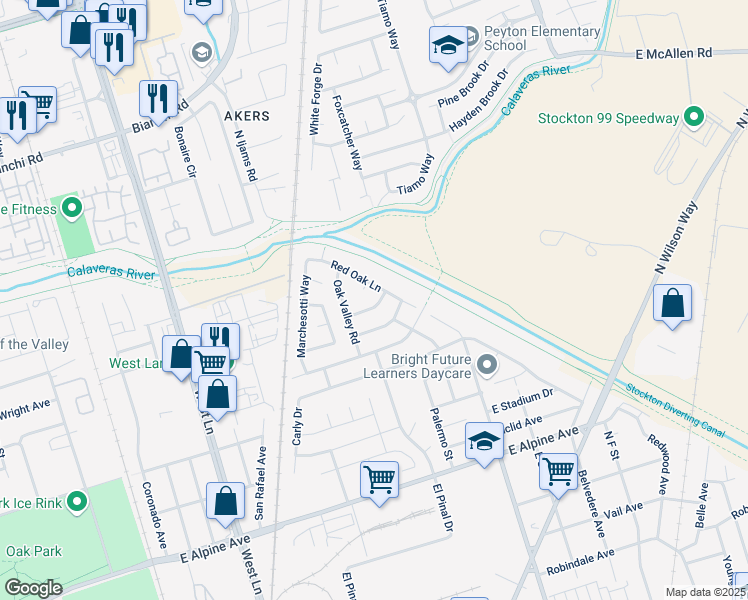 map of restaurants, bars, coffee shops, grocery stores, and more near 2119 Oak Branch Drive in Stockton