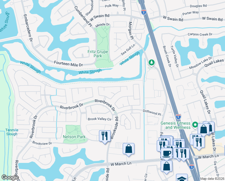 map of restaurants, bars, coffee shops, grocery stores, and more near 5436 Stone Bridge Court in Stockton