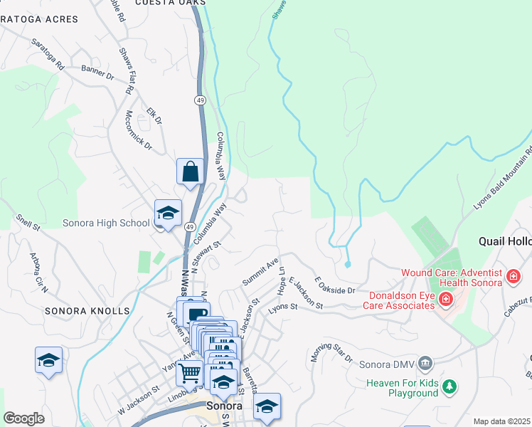map of restaurants, bars, coffee shops, grocery stores, and more near 215 Hope Lane in Sonora