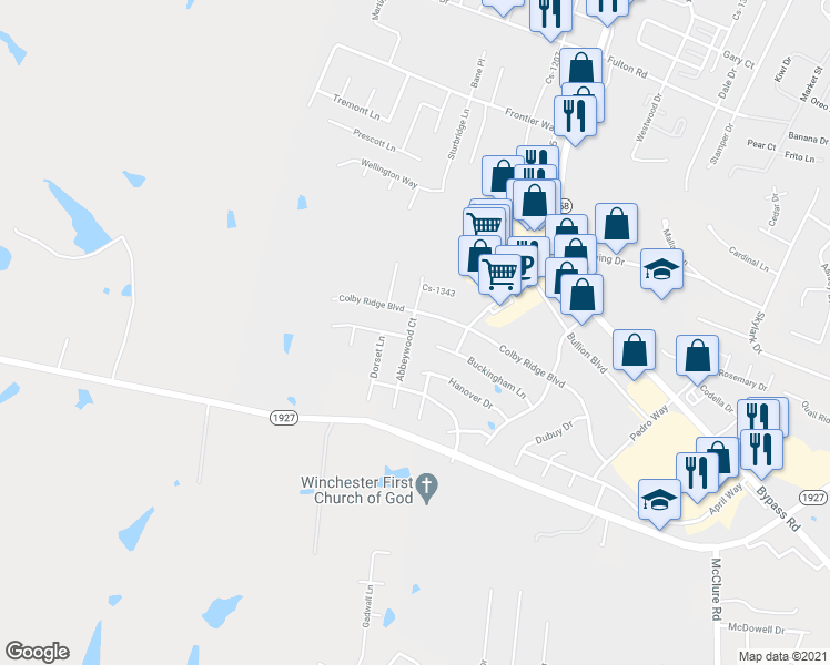 map of restaurants, bars, coffee shops, grocery stores, and more near 207 Abbeywood Court in Winchester