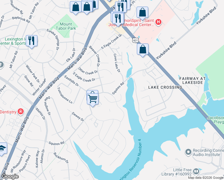 map of restaurants, bars, coffee shops, grocery stores, and more near 333 Squires Road in Lexington