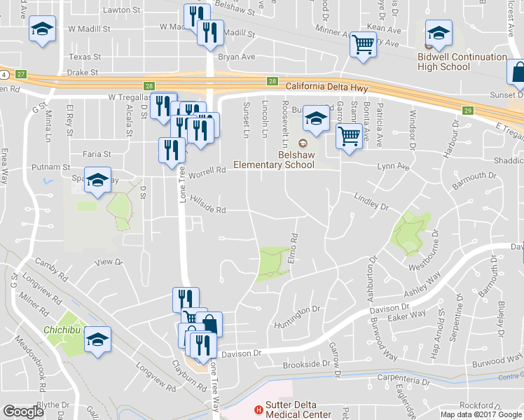 map of restaurants, bars, coffee shops, grocery stores, and more near 203-1/2 Hillside Road in Antioch
