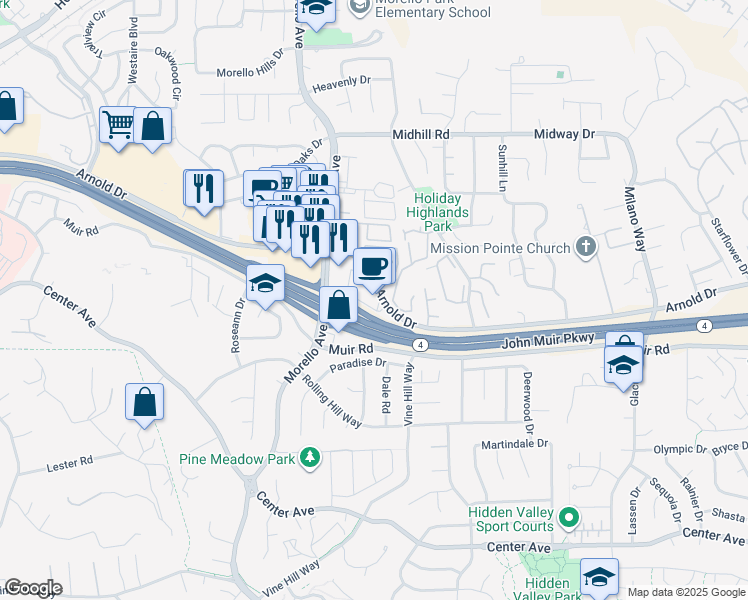 map of restaurants, bars, coffee shops, grocery stores, and more near 1350 Arnold Drive in Martinez