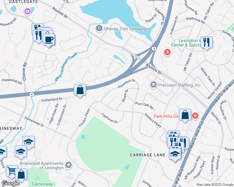 map of restaurants, bars, coffee shops, grocery stores, and more near 3263 Waterford Park in Lexington