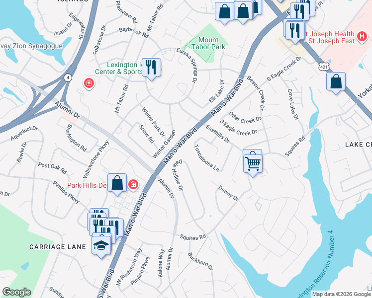 map of restaurants, bars, coffee shops, grocery stores, and more near 3004 Tuscaloosa Lane in Lexington