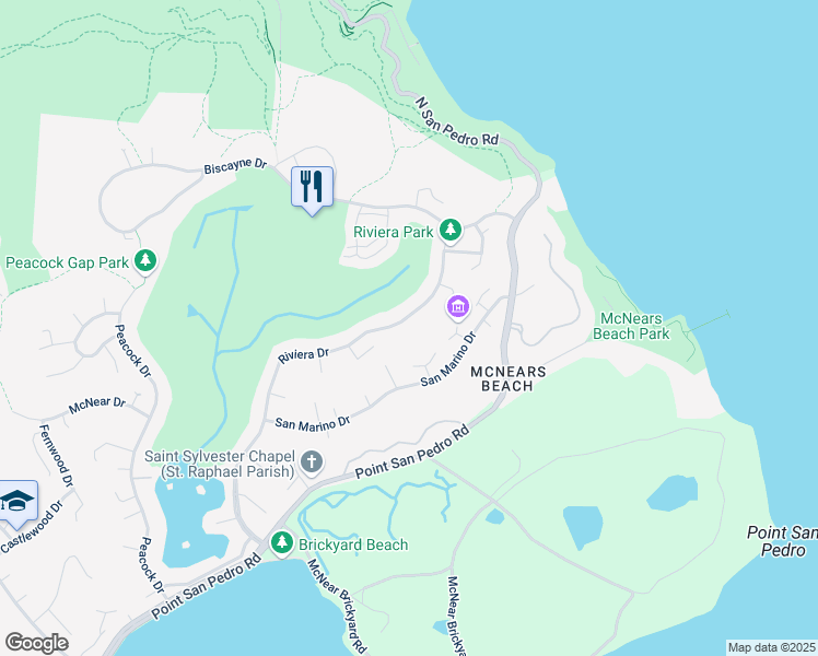 map of restaurants, bars, coffee shops, grocery stores, and more near 374 Riviera Drive in San Rafael