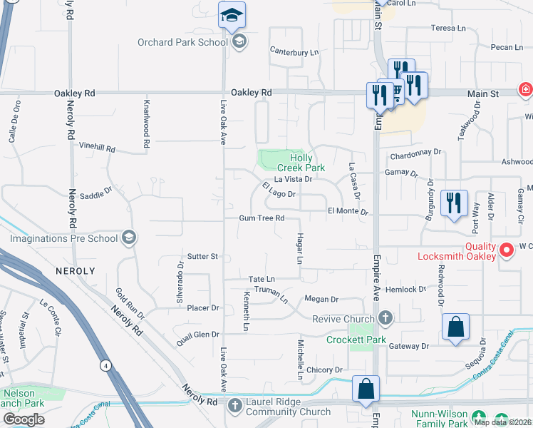 map of restaurants, bars, coffee shops, grocery stores, and more near 2331 El Monte Drive in Oakley