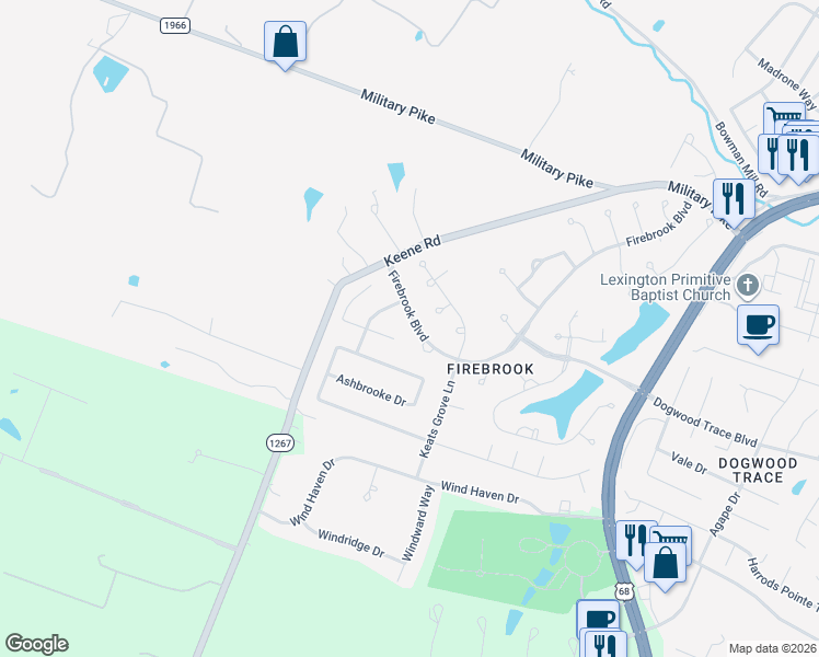 map of restaurants, bars, coffee shops, grocery stores, and more near 4872 Firebrook Boulevard in Lexington