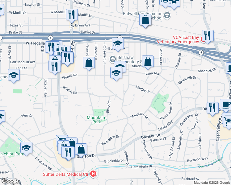 map of restaurants, bars, coffee shops, grocery stores, and more near 2963 Hillside Drive in Antioch