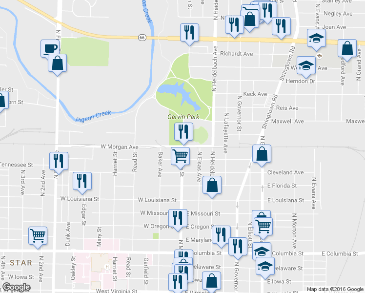 map of restaurants, bars, coffee shops, grocery stores, and more near 2537 North Main Street in Evansville