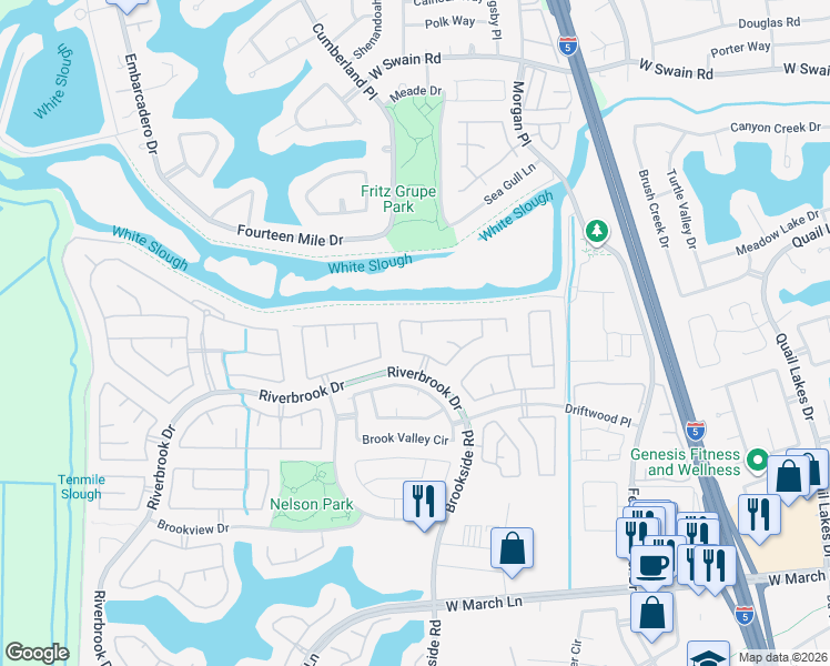 map of restaurants, bars, coffee shops, grocery stores, and more near 5535 Thornhill Court in Stockton