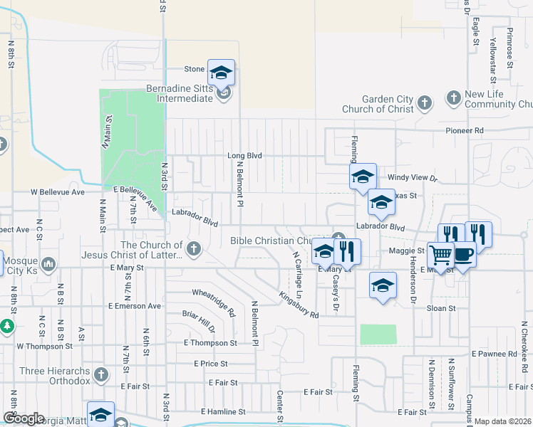 map of restaurants, bars, coffee shops, grocery stores, and more near 2703 N Rock Rd in Garden City