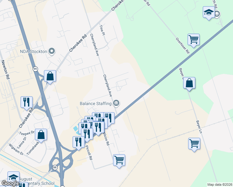 map of restaurants, bars, coffee shops, grocery stores, and more near 3124 Cherryland Avenue in Stockton