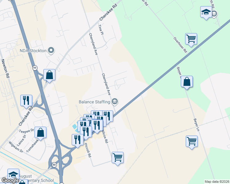 map of restaurants, bars, coffee shops, grocery stores, and more near 3124 Cherryland Avenue in Stockton