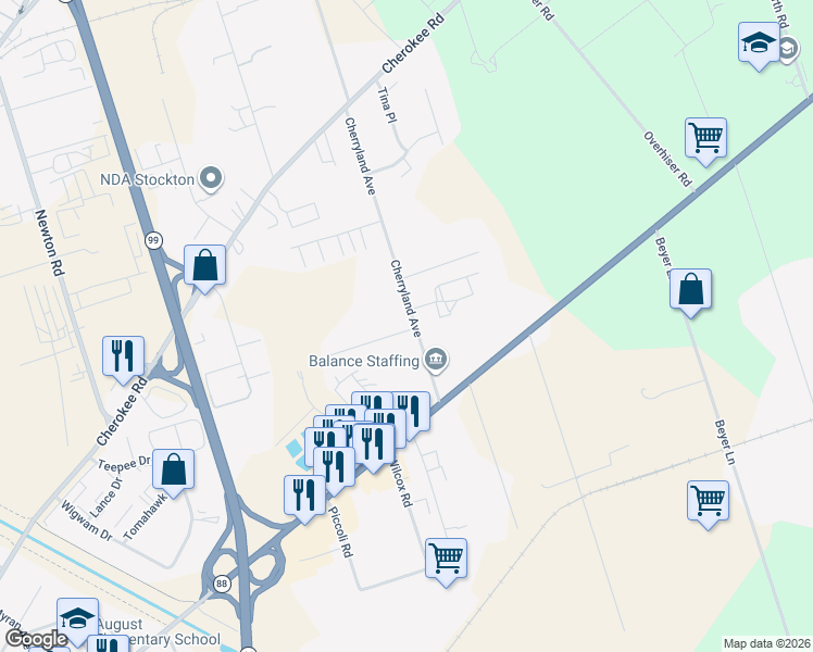 map of restaurants, bars, coffee shops, grocery stores, and more near 3121 Cherryland Avenue in Stockton