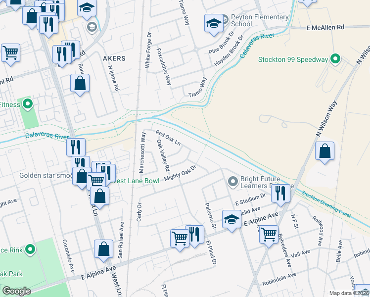 map of restaurants, bars, coffee shops, grocery stores, and more near 2119 Oak Branch Drive in Stockton