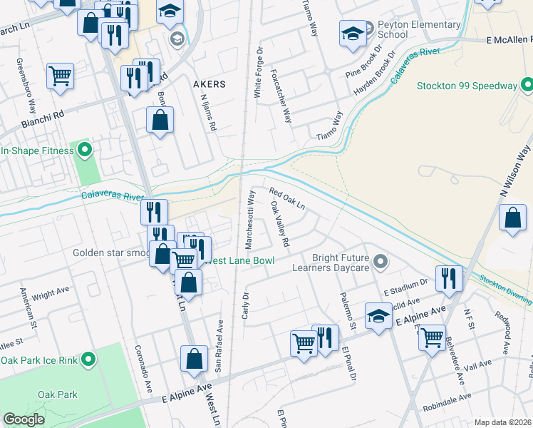 map of restaurants, bars, coffee shops, grocery stores, and more near 4053 Oak Valley Road in Stockton