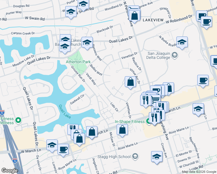 map of restaurants, bars, coffee shops, grocery stores, and more near 1557 Griffin Point in Stockton