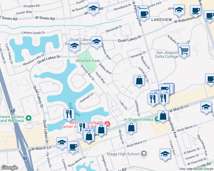 map of restaurants, bars, coffee shops, grocery stores, and more near 1736 Loggia Way in Stockton