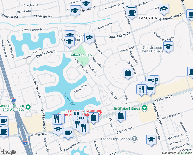 map of restaurants, bars, coffee shops, grocery stores, and more near 5222 Grouse Run Drive in Stockton