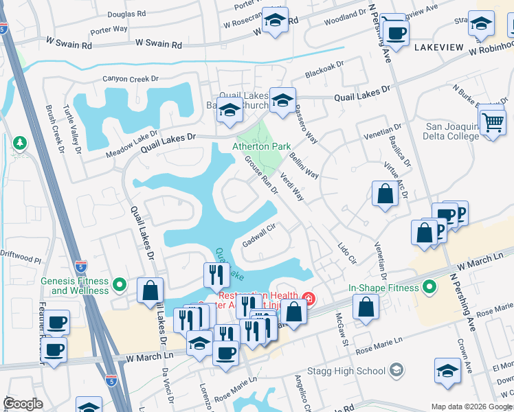 map of restaurants, bars, coffee shops, grocery stores, and more near 5359 Covey Creek Circle in Stockton