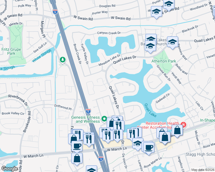 map of restaurants, bars, coffee shops, grocery stores, and more near 3591 Quail Lakes Drive in Stockton
