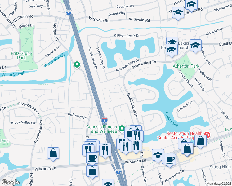 map of restaurants, bars, coffee shops, grocery stores, and more near 3591 Quail Lakes Drive in Stockton