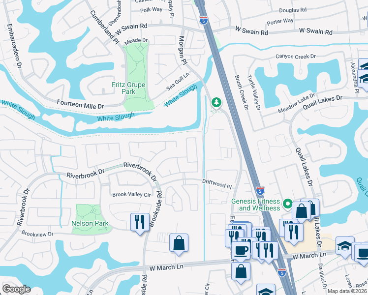 map of restaurants, bars, coffee shops, grocery stores, and more near 3171 Autumn Chase Circle in Stockton