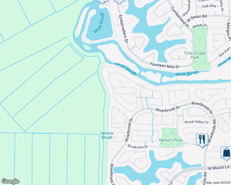 map of restaurants, bars, coffee shops, grocery stores, and more near 5987 Riverbank Circle in Stockton